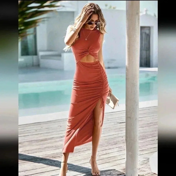 COPY - Solid Cut Out Drawstring Side Split Thigh Dress - Picture 5 of 6